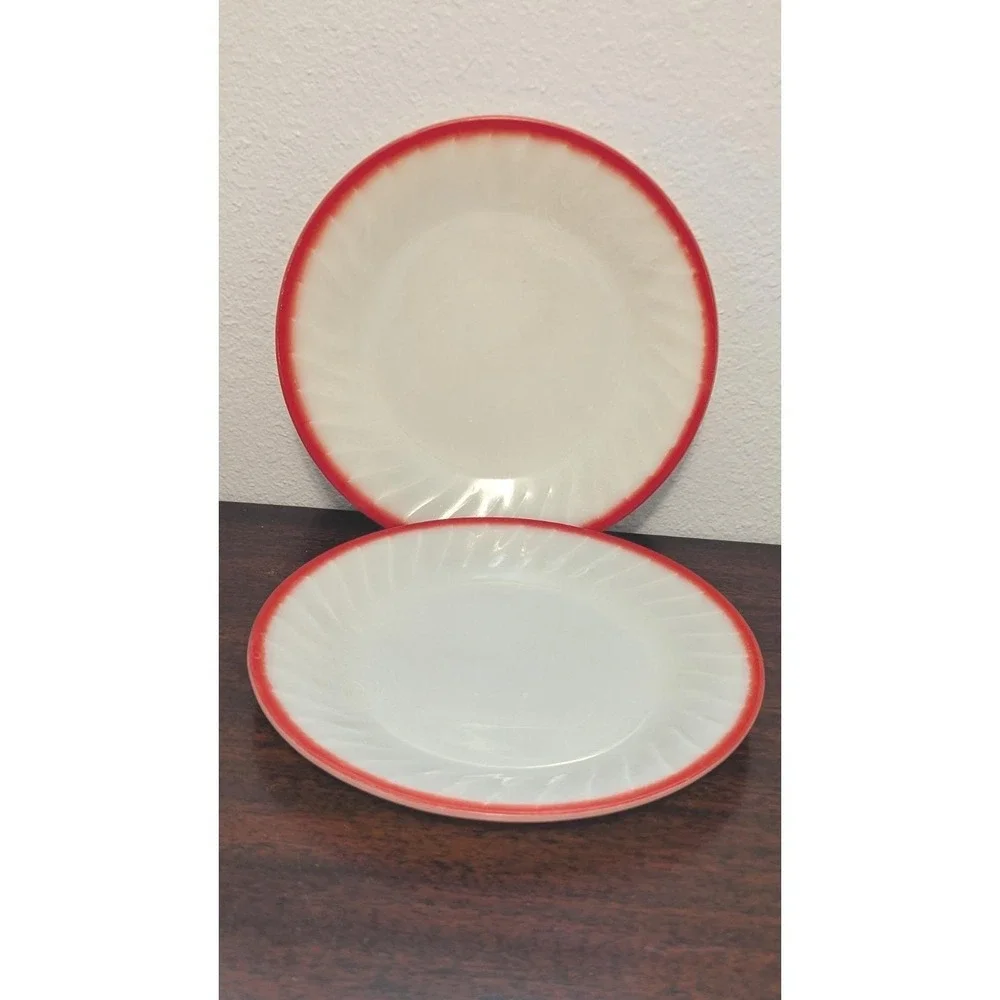 Vintage Fire-King Red Rim Milk Glass Plates Mid-Century Modern Set of 2 9in